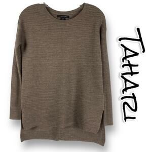 Tahari Merino Wool Blend Button Back Ribbed Sweater Chocolate Brown Womens Sz XS